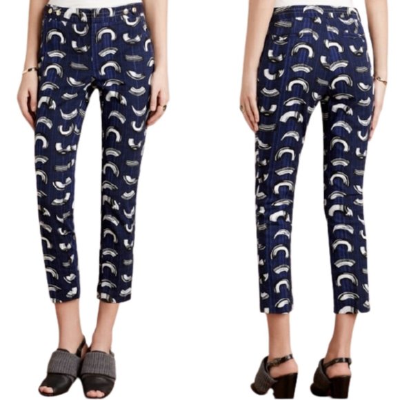 Anthropologie Cartonnier Charlie Brushstroke Ankle/Cropped Pants Navy - 12 - Picture 1 of 14